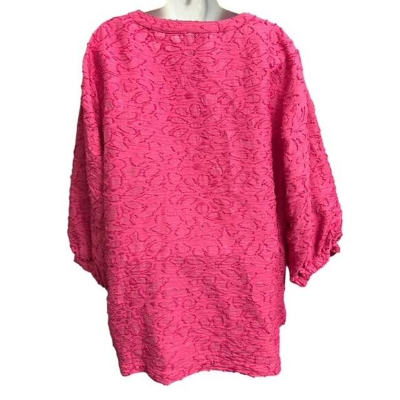 Ali Miles 1X Top Rich Pink Fancy Rayon Nylon Textured Woven 3/4 Sleeve Easy Care - Picture 5 of 5